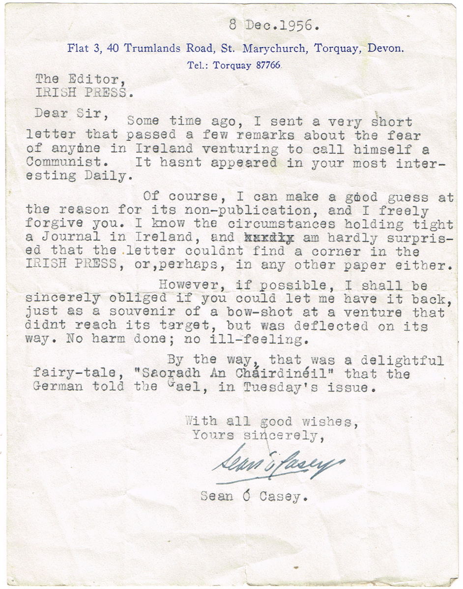 1956 (December 8) Letter from Sean O'Casey to The Irish Press. at Whyte's Auctions