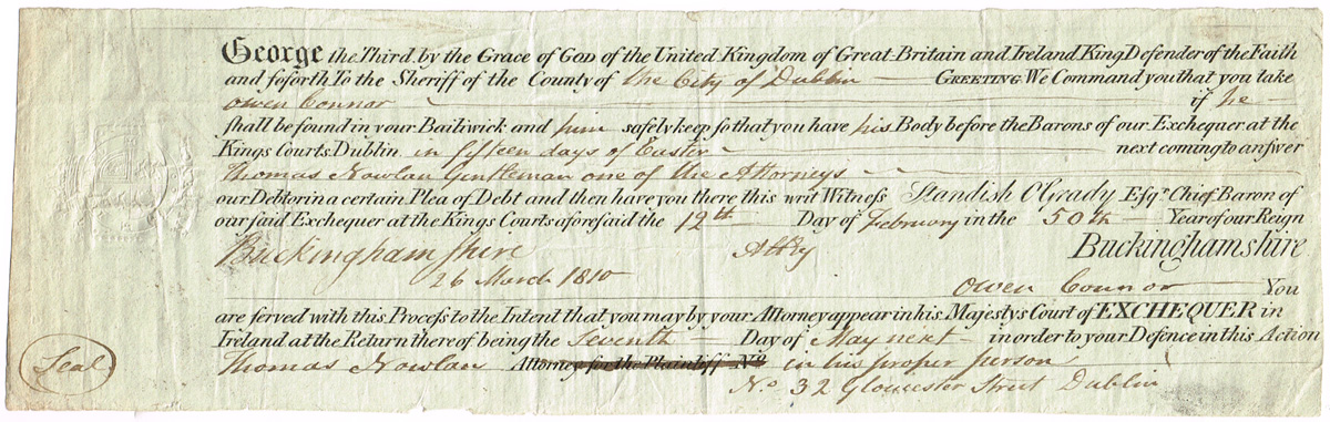 1810 (12 February). Arrest warrant to detain Owen Connor in Dublin and to present him to the King's Courts in 15 days of Easter. at Whyte's Auctions