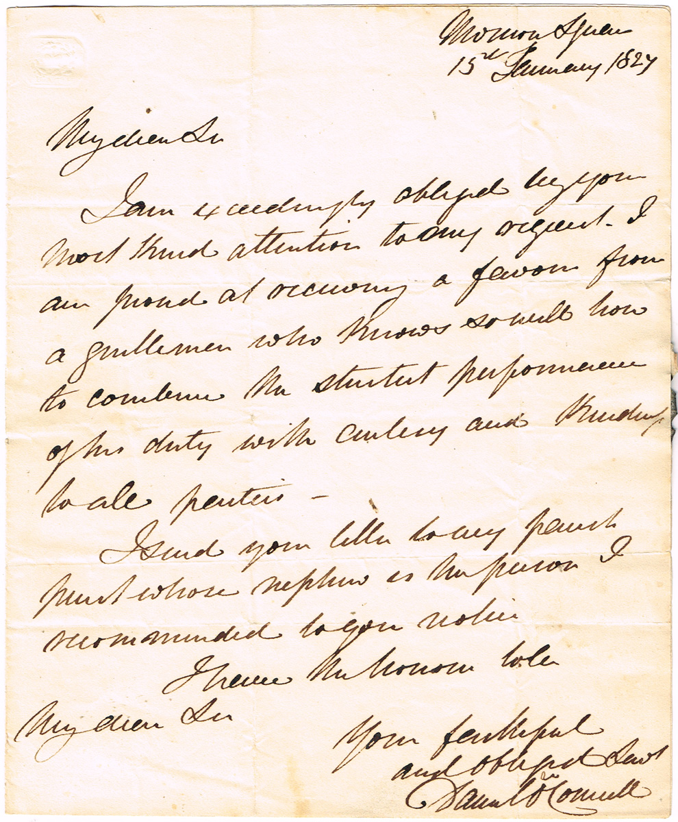 1827 (15 January) Daniel O'Connell letter to the Inspector General of The Munster Constabulary. at Whyte's Auctions
