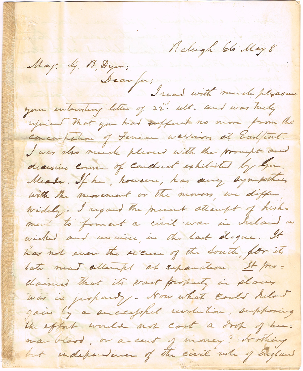 1866 (May 8) Fenian Raid. Letter from B.F. Morse of Raleigh, N.C. to his friend George B. Dyer, in Eastport, Maine. at Whyte's Auctions