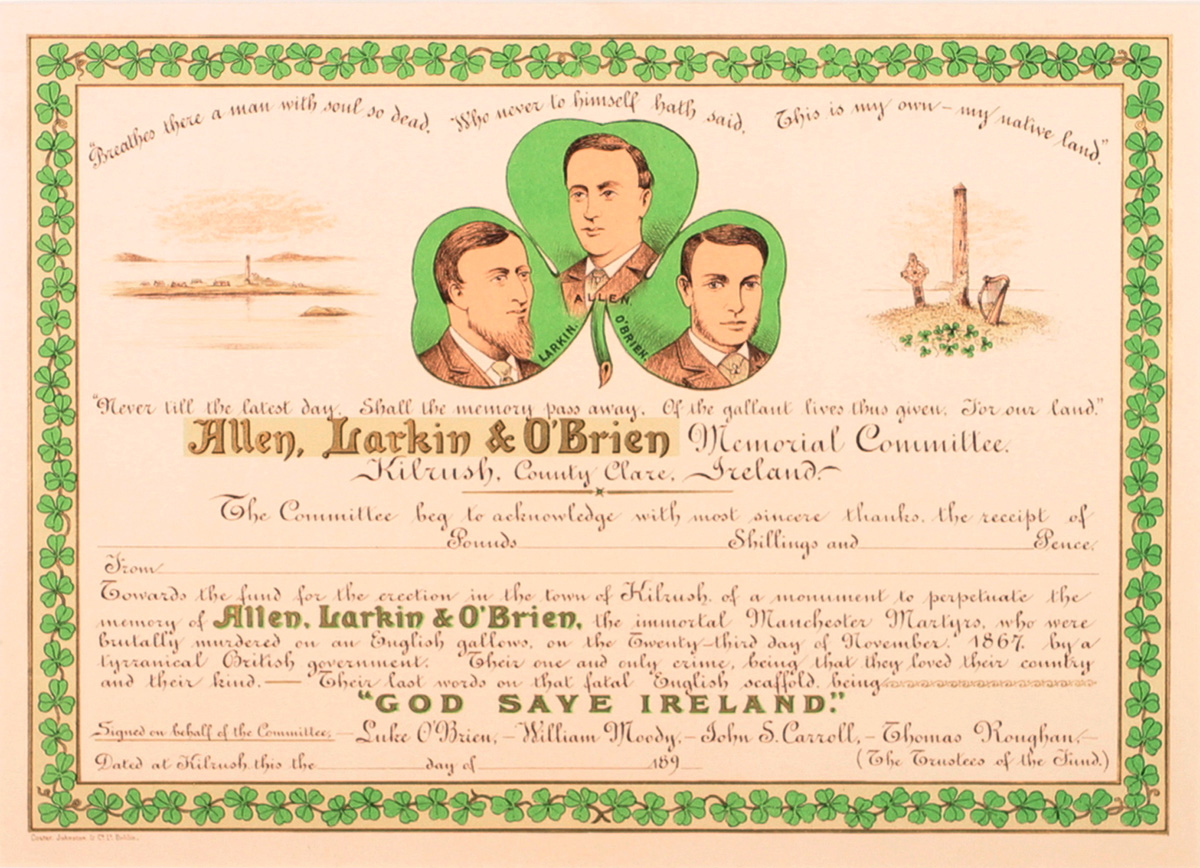 1867 Allen Larkin & O'Brien (Manchester Martyrs") Memorial, Kilrush, Co. Clare, certificate of subscription . <R>" at Whyte's Auctions