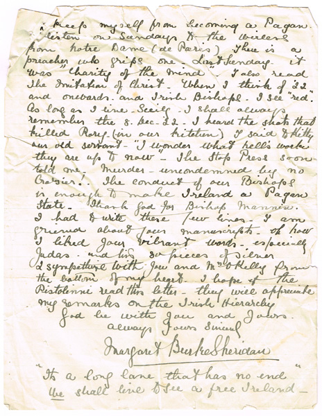 Opera, Margaret Burke Sheridan, signed manuscript letter at Whyte's Auctions