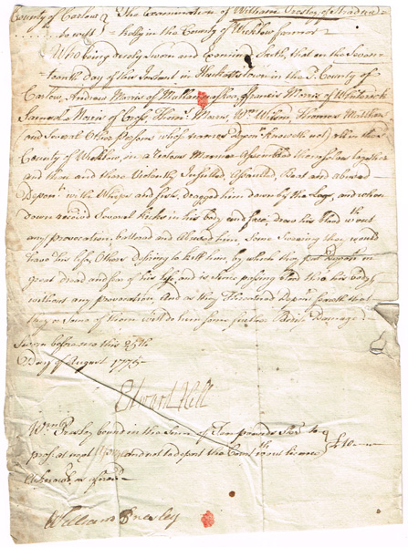 1775 (August 25) Elvis Presley's ancestor, court examination of William Presley. at Whyte's Auctions