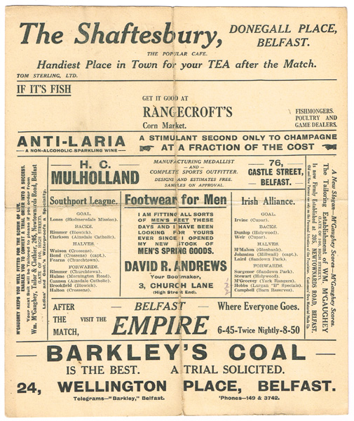 Football 1920s Southport League vs. Irish Alliance programme at Whyte's Auctions