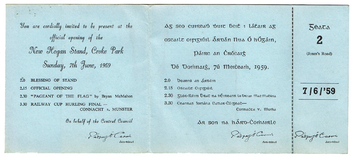GAA, 1959, Invitation to the opening of the Hogan Stand at Whyte's Auctions
