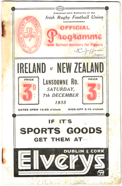 Rugby 1935 (December 7) Ireland vs. New Zealand programme. at Whyte's Auctions