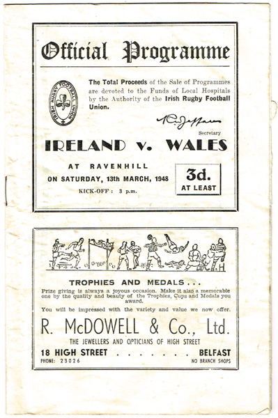 Rugby, 1948 (March 13) Ireland v. Wales, Match programme and ticket. at Whyte's Auctions