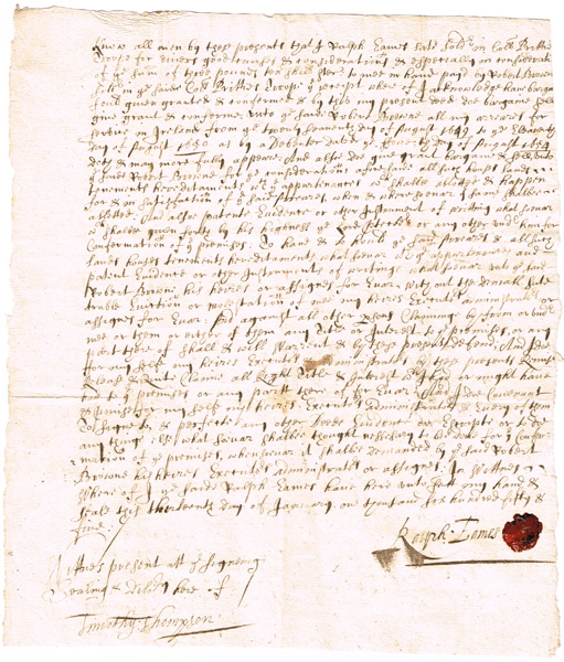 1655 Cromwellian soldier sells his land grant to Robert Browne, Carlow. at Whyte's Auctions
