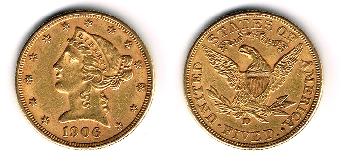 USA. Gold five Dollars, 1906. at Whyte's Auctions