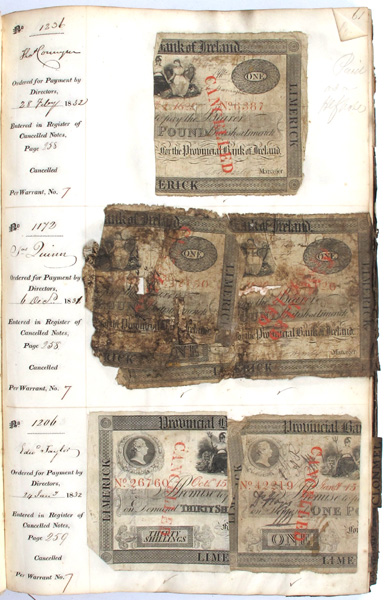 Provincial Bank of Ireland 1829-1846 - ledger with 'Mutilated, Paid and Cancelled' banknotes. at Whyte's Auctions