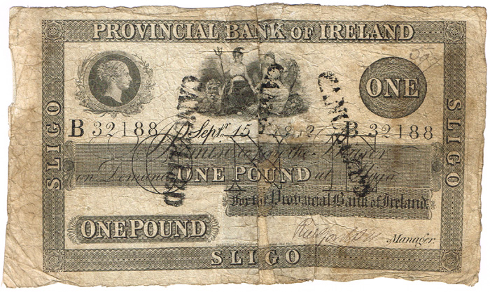 Provincial Bank of Ireland Parsonstown One Pound, July 1 1857 and Sligo One Pound, Septr. 15 1852 at Whyte's Auctions