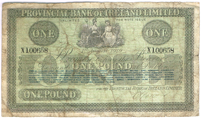 Provincial Bank of Ireland One Pound 1st August 1919 at Whyte's Auctions