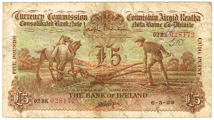 Currency Commission Consolidated Banknote 'Ploughman' Bank of Ireland Five Pounds 6-5-29 at Whyte's Auctions