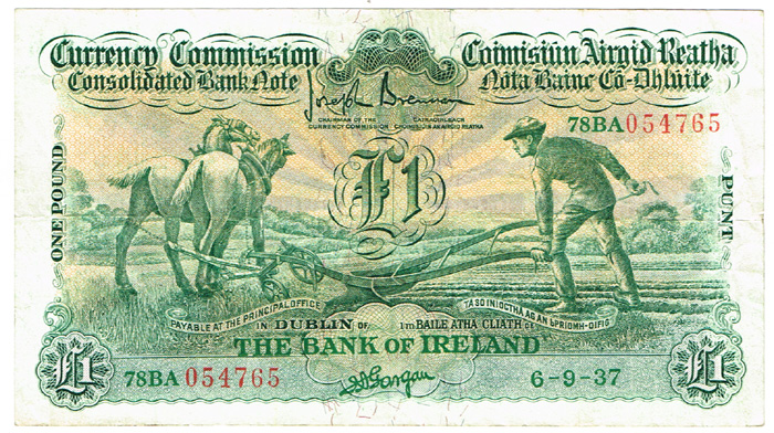 Currency Commission Consolidated Banknote 'Ploughman' Bank of Ireland One Pound 6-9-37 at Whyte's Auctions