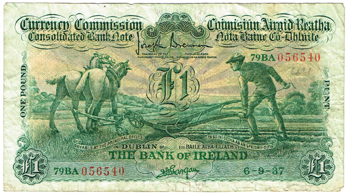 Currency Commission Consolidated Banknote 'Ploughman' Bank of Ireland One Pound 6-9-37 at Whyte's Auctions