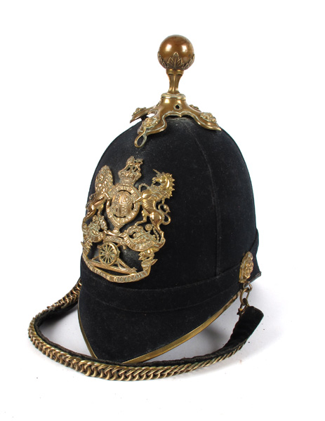 Pre 1881 North Irish Division Artillery blue cloth helmet and metal case at Whyte's Auctions