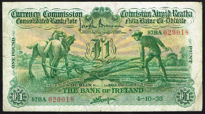 Currency Commission Consolidated Banknote 'Ploughman' Bank of Ireland One Pound, 4-10-38 at Whyte's Auctions