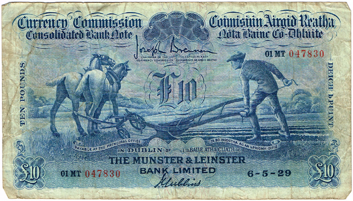 Currency Commission Consolidated Banknote 'Ploughman' Munster & Leinster Bank Ten Pounds 6-5-29 at Whyte's Auctions