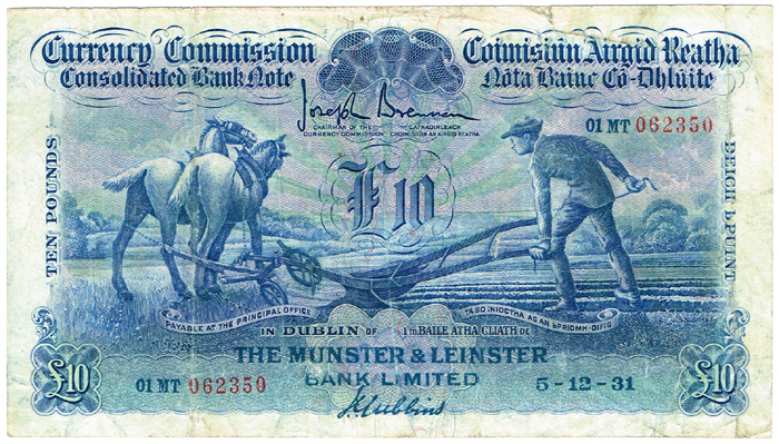 Currency Commission Consolidated Banknote 'Ploughman' Munster & Leinster Bank Ten Pounds 5-12-31 at Whyte's Auctions