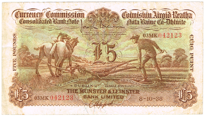Currency Commission Consolidated Banknote 'Ploughman' Munster & Leinster Bank Five Pounds 8-10-38 at Whyte's Auctions