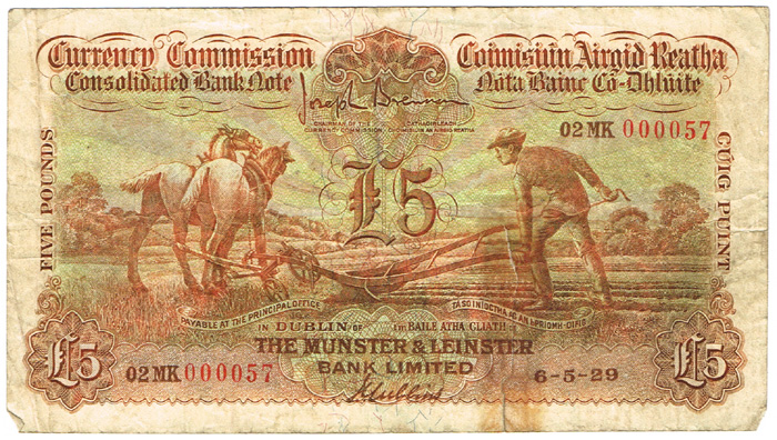 Currency Commission Consolidated Banknote 'Ploughman' Munster & Leinster Bank Five Pounds 6-5-29 at Whyte's Auctions
