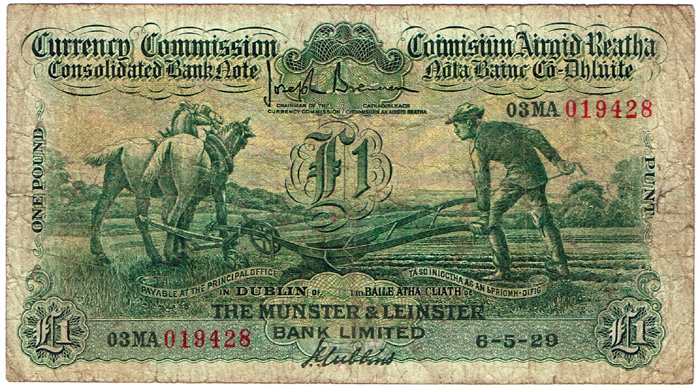 Currency Commission Consolidated Banknote 'Ploughman' Munster & Leinster Bank One Pound 6-5-29 at Whyte's Auctions