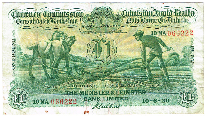 Currency Commission Consolidated Banknote 'Ploughman' Munster & Leinster Bank One Pound 10-6-29 at Whyte's Auctions