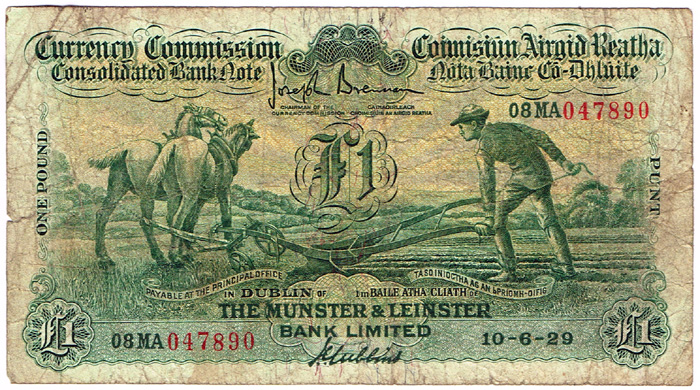 Currency Commission Consolidated Banknote 'Ploughman' Munster & Leinster Bank One Pound 10-6-29 at Whyte's Auctions