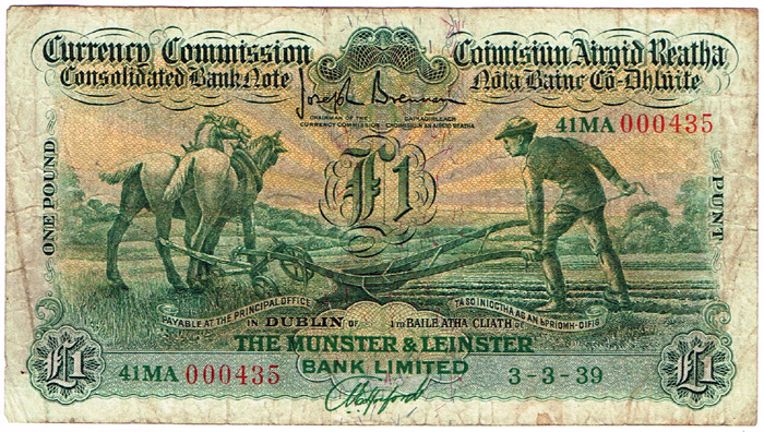 Currency Commission Consolidated Banknote 'Ploughman' Munster & Leinster Bank One Pound 3-3-39 at Whyte's Auctions