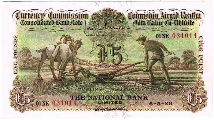 Currency Commission Consolidated Banknote 'Ploughman' National Bank Five Pounds 6-5-29 at Whyte's Auctions