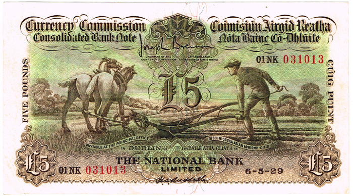 Currency Commission Consolidated Banknote 'Ploughman' National Bank Five Pounds 6-5-29 at Whyte's Auctions
