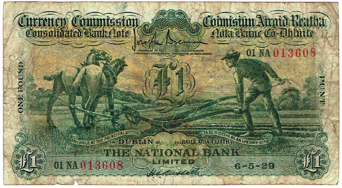 Currency Commission Consolidated Banknote 'Ploughman' National Bank One Pound 6-5-29 at Whyte's Auctions