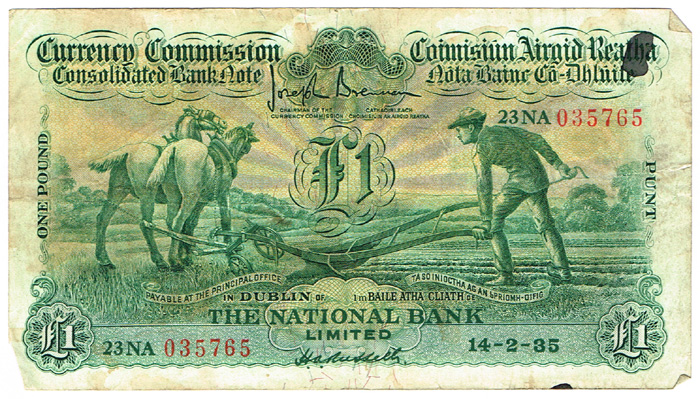 Currency Commission Consolidated Banknote 'Ploughman' National Bank One Pound 14-2-35 at Whyte's Auctions