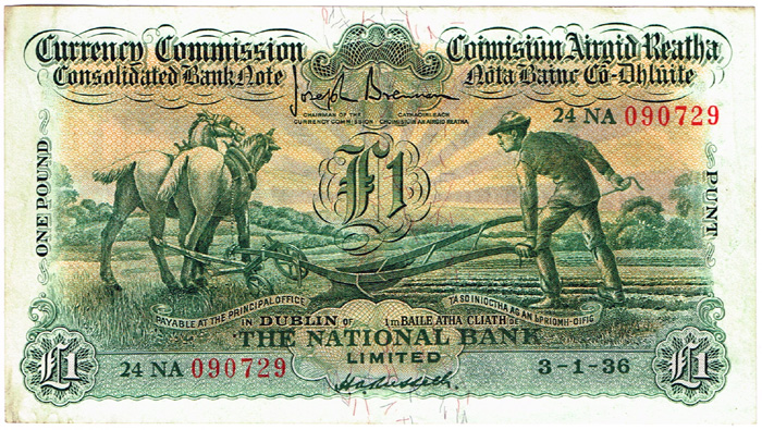 Currency Commission Consolidated Banknote 'Ploughman' National Bank One Pound 3-1-36 at Whyte's Auctions