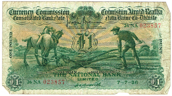 Currency Commission Consolidated Banknote 'Ploughman' National Bank One Pound 7-7-36 at Whyte's Auctions