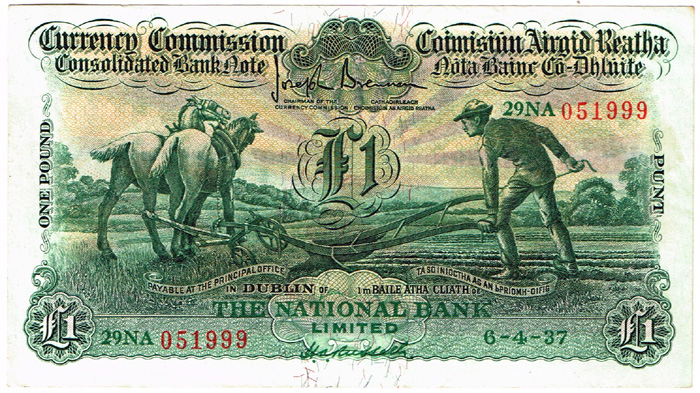 Currency Commission Consolidated Banknote 'Ploughman' National Bank One Pound 6-4-37 at Whyte's Auctions