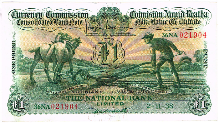 Currency Commission Consolidated Banknote 'Ploughman' National Bank One Pound 2-11-38 at Whyte's Auctions