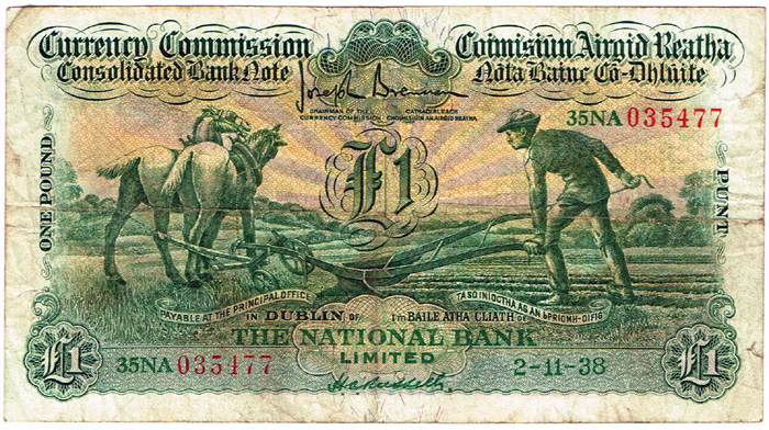 Currency Commission Consolidated Banknote National Bank 'Ploughman' One Pound 2-11-38. at Whyte's Auctions