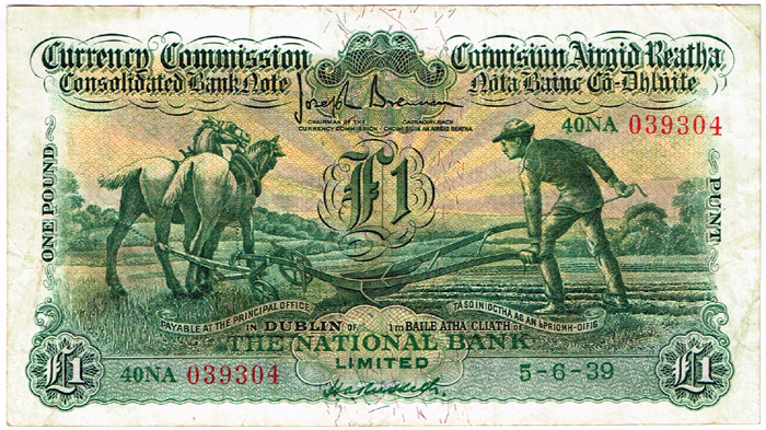 Currency Commission Consolidated Banknote 'Ploughman' National Bank One Pound 5-6-39 at Whyte's Auctions