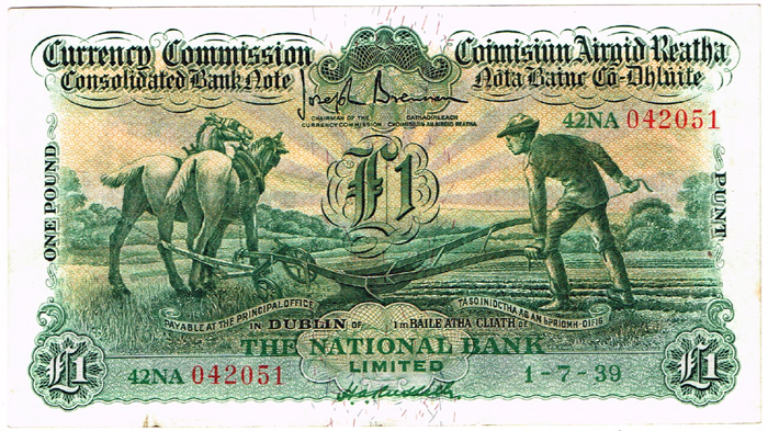 Currency Commission Consolidated Banknote 'Ploughman' National Bank One Pound 1-7-39 at Whyte's Auctions