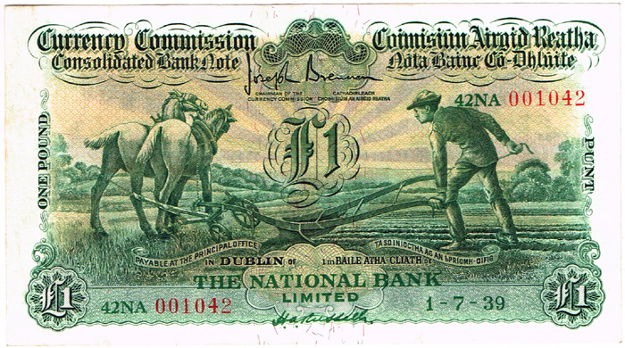 Currency Commission Consolidated Banknote 'Ploughman' National Bank One Pound 1-7-39 at Whyte's Auctions