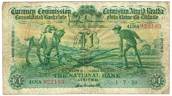 Currency Commission Consolidated Banknote National Bank 'Ploughman' One Pound 1-7-39 at Whyte's Auctions