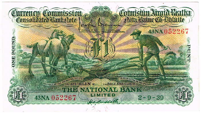 Currency Commission Consolidated Banknote 'Ploughman' National Bank One Pound 2-9-39 at Whyte's Auctions