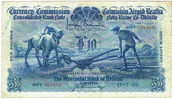 Currency Commission Consolidated Banknote 'Ploughman' Provincial Bank of Ireland Ten Pounds 17-7-39 at Whyte's Auctions