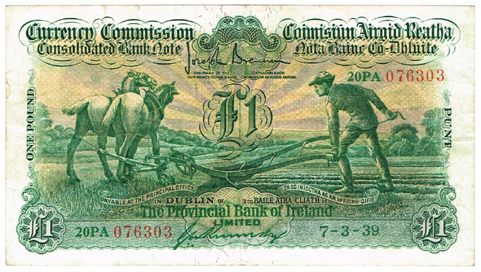 Currency Commission Consolidated Banknote 'Ploughman' Provincial Bank of Ireland One Pound 7-3-39 at Whyte's Auctions