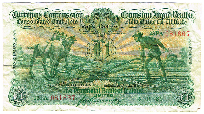 Currency Commission Consolidated Banknote 'Ploughman' Provincial Bank of Ireland One Pound 4-11-39 at Whyte's Auctions