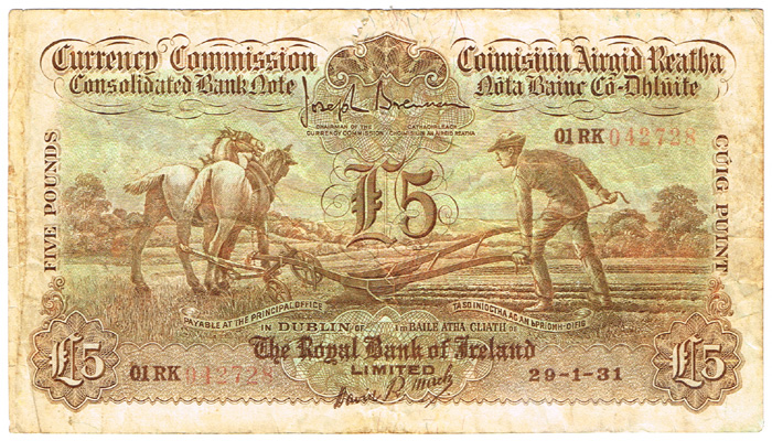 Currency Commission Consolidated Banknote 'Ploughman' Royal Bank of Ireland Five Pounds 29-1-31 at Whyte's Auctions