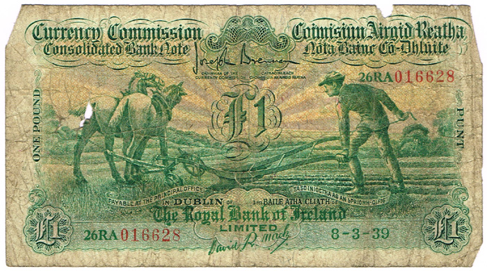 Currency Commission Consolidated Banknote 'Ploughman' Royal Bank of Ireland One Pound 8-3-39 at Whyte's Auctions