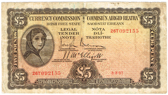Currency Commission 'Lady Lavery' Five Pounds, 3-3-37 at Whyte's Auctions