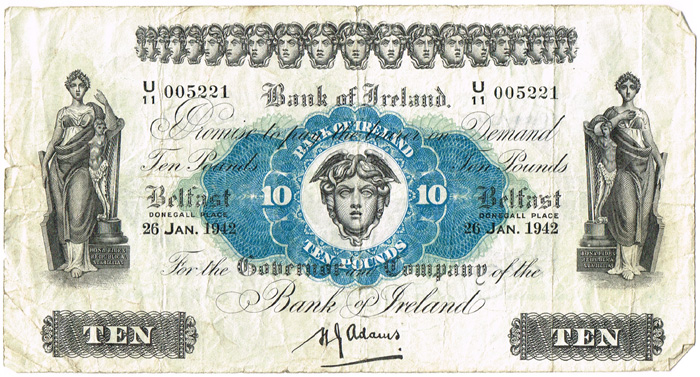 Northern Ireland. Bank of Ireland Belfast Ten Pounds, Five Pounds and One Pound, 1935-43 at Whyte's Auctions